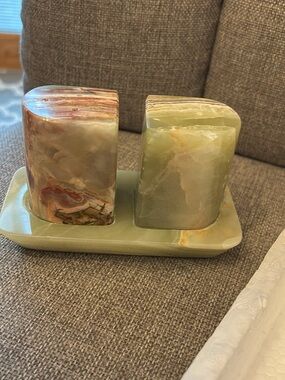 Onyx Salt and Pepper Shaker Set with Tray - Green Marble Accent